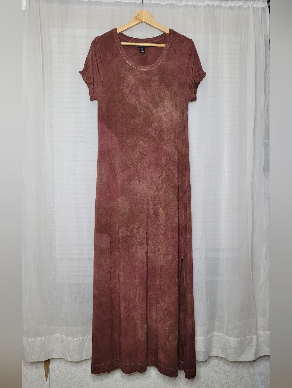 Adrienne Vittadini Maxi Dress Large Brown Two Toned Slits Short Sleeve
